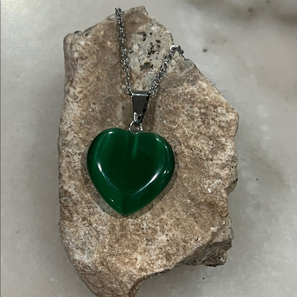 Polished Green Chalcedony Heart Pendant Necklace